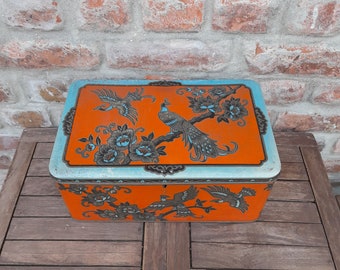 Vintage Art Nouveau Belgian Tin Box With Peacocks Orange And Blue Schuybroek Tin