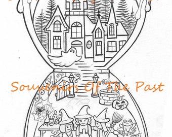 Halloween Polly Pocket inspirado Poison Apple compacto para colorear página dibujo lineal imprimible Otoño PollyWeen Samhain 90&#39;s Polly Cauldron Mansion