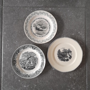 Può includere: Tre piatti rotondi in ceramica con sfondo color crema e disegni stampati in nero. Il piatto in alto presenta una scena con luna crescente, quello in basso a sinistra raffigura una battaglia storica con la scritta PONT D'ARCOLE e quello in basso a destra un paesaggio.