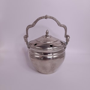 Vintage Nickel Brass Woodstove Simmer Pot Potpourri Steamer Pot Woodstove Humidifier Rustic Fireplace Decor Cherub Head Handle