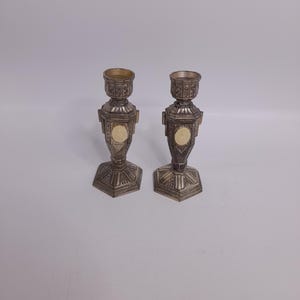Vintage Pair of Art Deco Style Metal Candlestick Holders Made in France Religious Theme Rose Maria