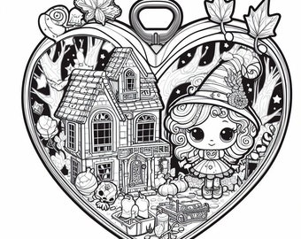 Puede incluir: Ilustración en blanco y negro de un abrebotellas en forma de corazón con una bruja y una casa embrujada. La bruja lleva un sombrero y está cerca de calabazas. La casa tiene múltiples ventanas y una fachada detallada. El fondo incluye árboles y estrellas.