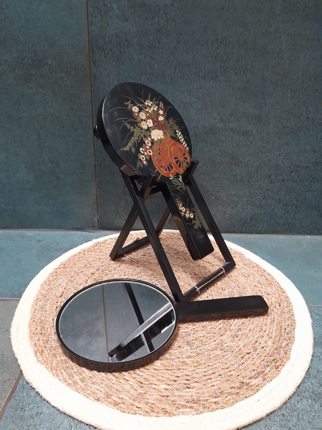 Vintage Japanese Hand Mirror With Stand and Cover Geisha Etsy