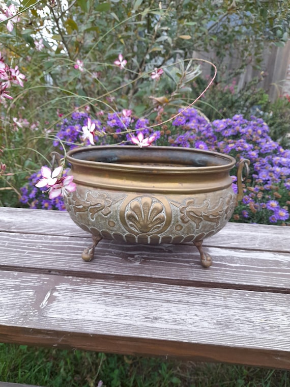 Antique French Jardinière Brass Flower Pot Planter Box With Intricate Feet French Rustic Cottage Decor