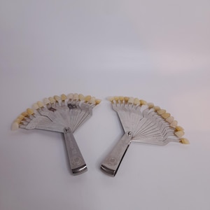 Op de afbeelding: Twee metalen tandheelkundige kleurenschaalwaaiers, elk voorzien van een reeks kleine, gebroken witte, tandvormige lipjes in een halfrond patroon. De metalen handvatten zijn gegraveerd met tekst en logo's, en de lipjes variëren in kleurtinten.