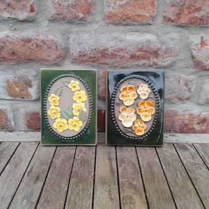 Vintage Swedish Jie Gantofta Linnea Ceramic Floral Wall Hanging Tiles With Bas Relief Flowers 1970's Swedish Ceramic Set Of 2