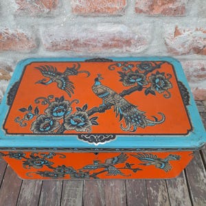 Vintage Art Nouveau Belgische Blikken Doos Met Pauwen Oranje En Blauw Schuybroek Tin