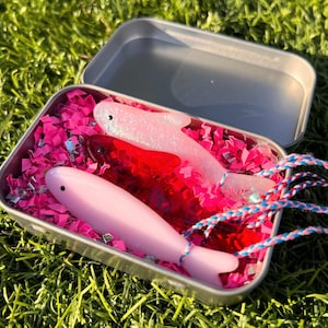 Puede incluir: Dos encantos en forma de delfín rosa en una lata plateada con confeti rosa y blanco. Los encantos están hechos de resina y tienen un acabado brillante.