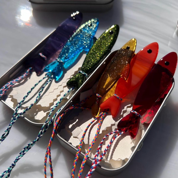 Handmade Stained Glass Sardine Suncatcher with Metal Tin! Choose 1 Single Sardine or a Rainbow Pack of 6!