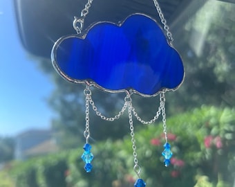 Dije de coche con forma de nube de vitral, colgante de ventana azul profundo
