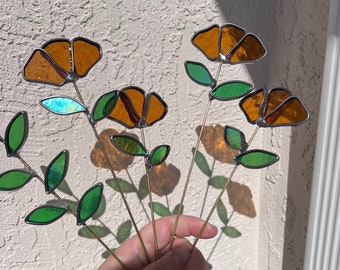 Stained Glass Orange Poppy! One Handmade Poppy made with Orange Stained Glass! Made to Order!