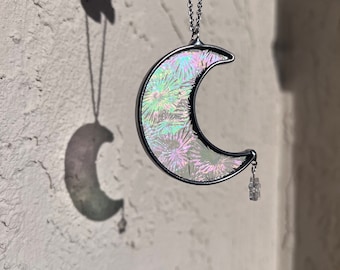 Mini dije de luna para coche con vitral iridiscente, hecho a mano