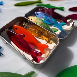 Handmade Stained Glass Sardine Pin with Metal Tin! Choose 1 Single Sardine or a Rainbow Pack of 6!