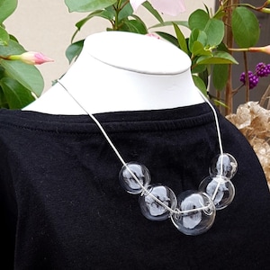 Set of 3: Clear glass bubble necklace, bracelet and earrings set, crystal hollow beads on silver chain, designer minimalist jewellery