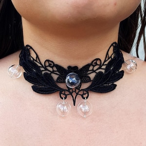 Set of black lace with clear glass bubbles necklace and earrings, hollow beads, designer minimalist jewelry