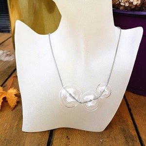 Set of 3: Clear glass bubble necklace, bracelet and earrings set, crystal hollow bead on silver chain, designer minimalist jewelry