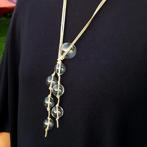 Set of clear glass bubble necklace and earrings, hollow beads on suede cord, designer minimalist jewelry