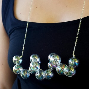 Set of rainbow glass bubble necklace and earrings, hollow beads on silver chain, designer minimalist jewelry