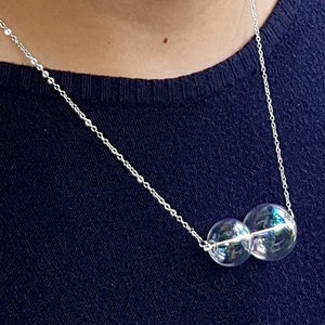 Set of rainbow glass bubble necklace and earrings, hollow beads on silver chain, designer minimalist jewelry