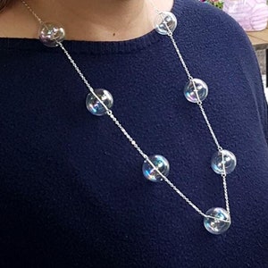 Set of rainbow glass bubble necklace and earrings, hollow beads on silver chain, designer minimalist jewelry