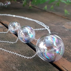 Set of rainbow glass bubble necklace and earrings, hollow beads on silver chain, designer minimalist jewelry