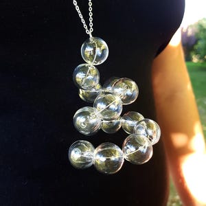 Set of clear glass bubble necklace and earrings, hollow beads on silver chain, designer minimalist jewelry