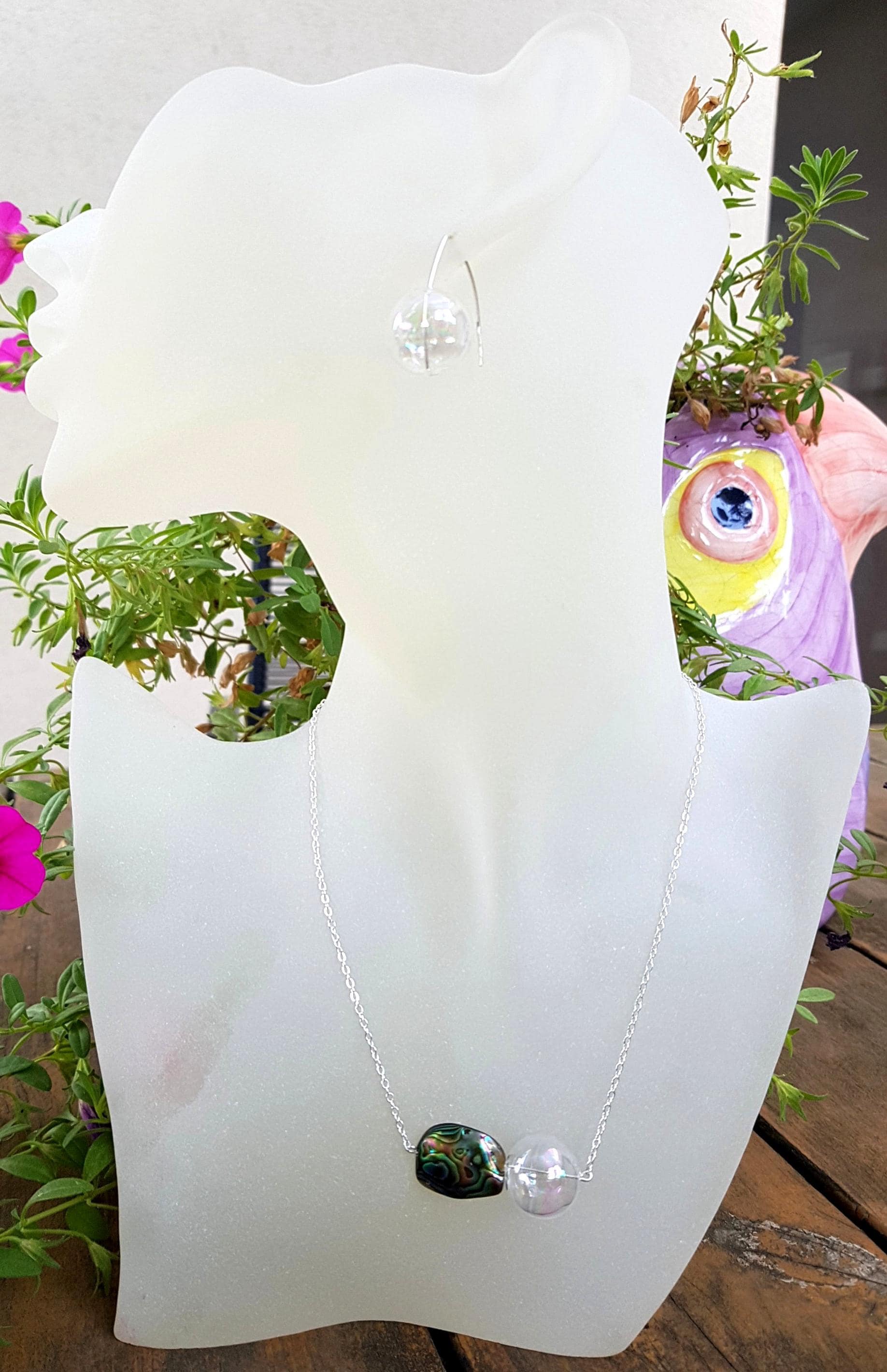 Gold Glass Crystal Lined Necklace Earrings and Watch Set Abalone Shell Bold Abalone Shell & Rainbow Glass Necklace Earrings Set  main image 2