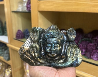 Handgesneden labradorietbeeld van Lord Shiva met Nandi, hindoeïstische kristallen sculptuur, meditatiedecoratie