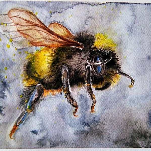 Kunst Garten Biene Hummel Aquarell Natur Umwelt Insekt Original Wanddekoration Tier Geschenk Frühling Gemälde Landhausstil Raumschmuck