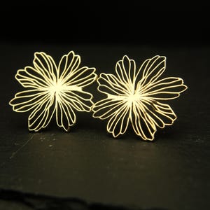 May include: A pair of gold-colored flower-shaped stud earrings. Each earring features a delicate, openwork design with multiple petals radiating from a central point. The earrings are displayed against a dark background.