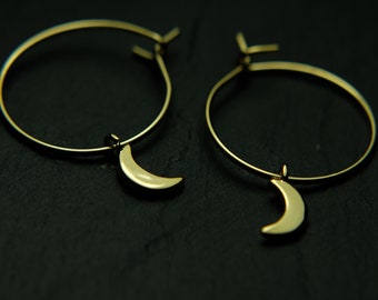 Extraordinary, fine hoop earrings 16k gold plated, minimalist, micro crescent moon original, bachelorette, gift, boho style, earring, gold