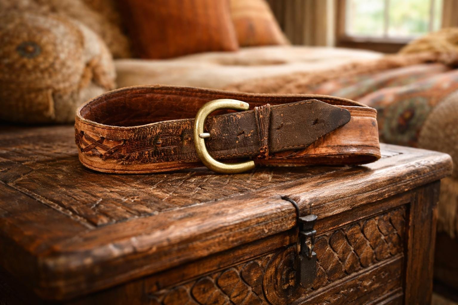 Vintage Boho Laced Leather Belt • Wide Rustic Brown • Aged 