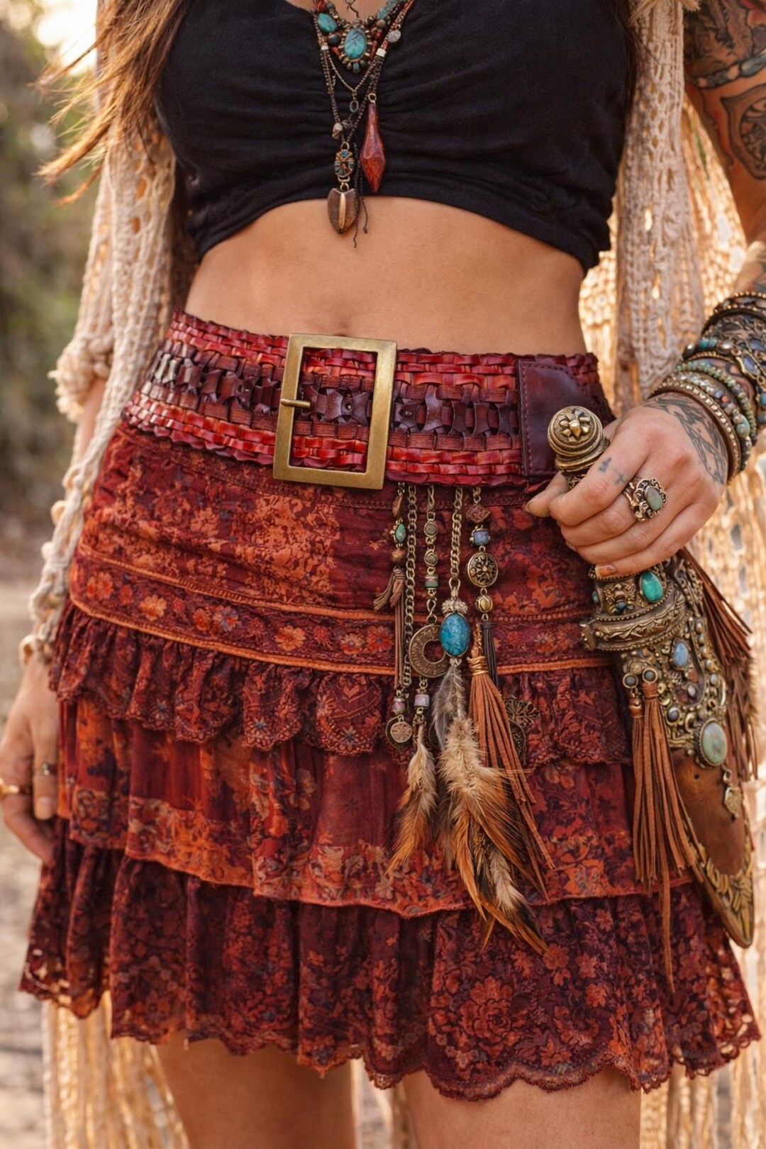 ♥️ BOHO Woven Belt with Brass Ring - Red & Tan Pattern $_12.JPG?set_id=880000500F main image 2