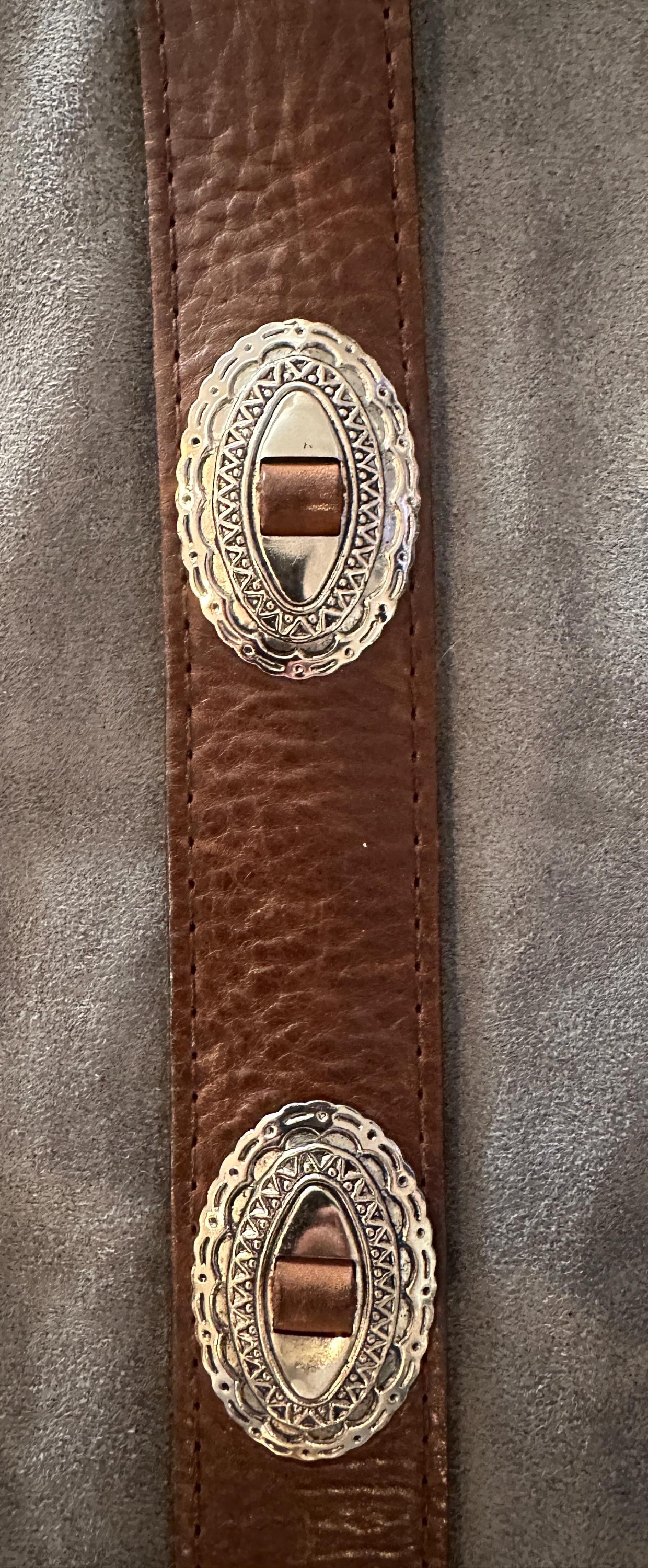 Vintage Brown Leather Concho Belt Silver Tone Embossed Western Boho 41 Inch Vintage Western Leather Concho Belt Brown Silver Tone USA  main image 4