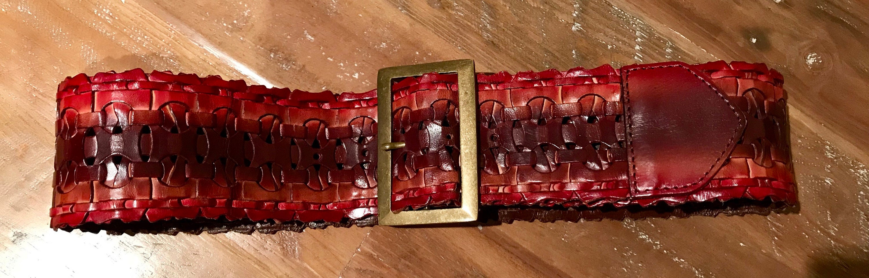 Vintage Oxblood Red Woven Leather Belt | Brass Buckle, Boho  display picture 1