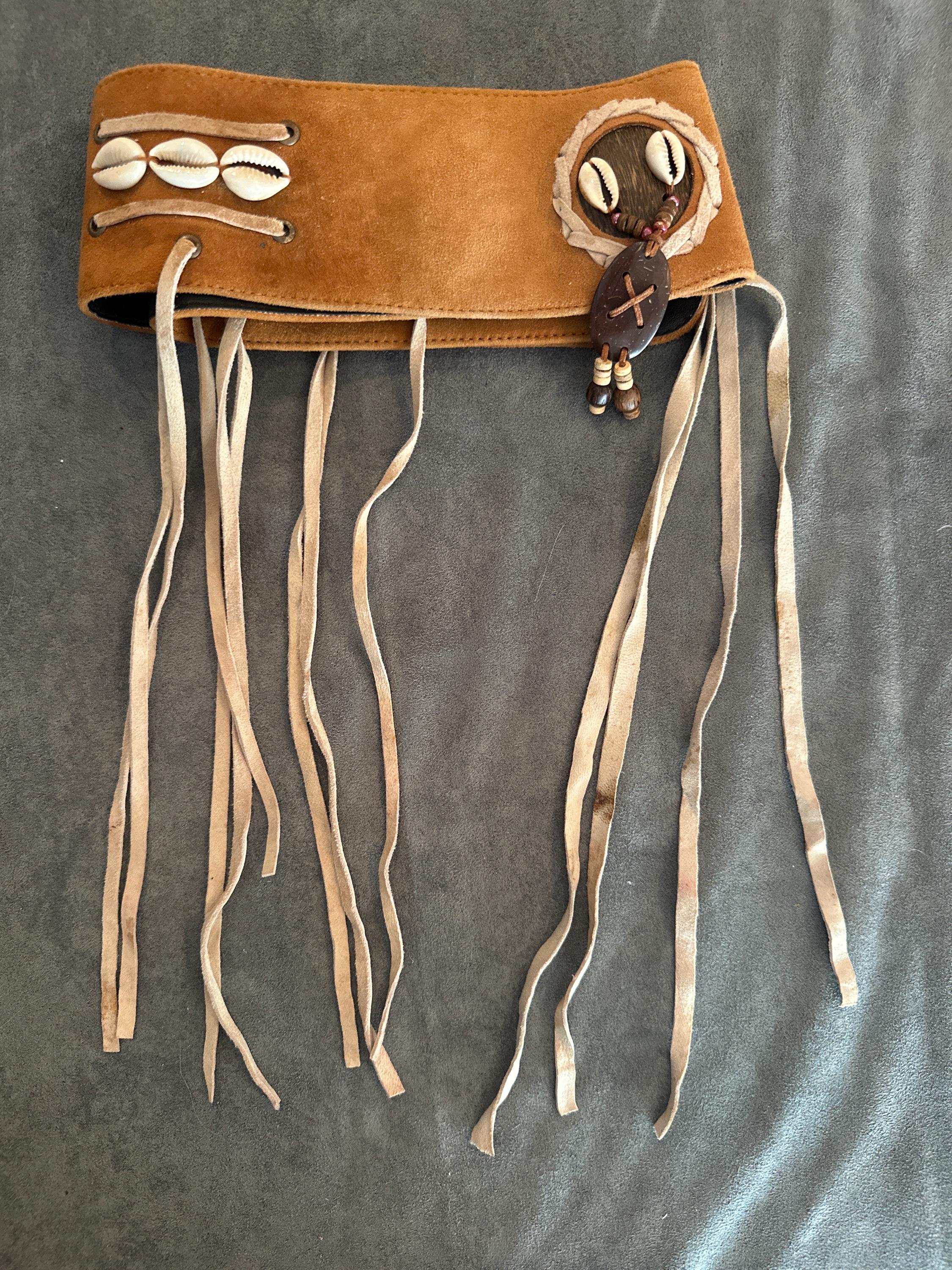 Vintage Leather Suede Cowry Shell Retro tie Wrap Fringe Belt Vintage Camel Suede Belt, Tie Belt for Women With Tassels  main image 2