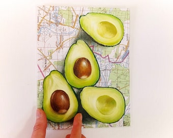 Avocado Original acrylic painting on the map One of a kind art Kitchen Cafe wall decor Avocado illustration Food painting newspaper painting