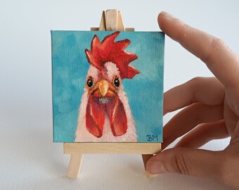 Rooster Oil Painting: Miniature Canvas Art with Easel (3x3 In)
