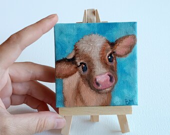 Cow Portrait Oil Painting on Canvas with Easel (3x3 inch)