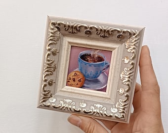 Cup of coffee and cookie original oil painting 2x2 inch Coffee painting Miniature Dessert gift Sweets painting Framed painting Pastry gift