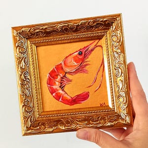 Miniature Oil Painting of a Shrimp on Gold Background – 10x10 cm Original Art in Frame Shrimp painting Shrimp Miniature