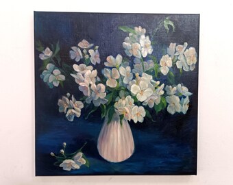 Jasmine Floral Oil Painting: Still Life on Dark Blue - 40x40 cm