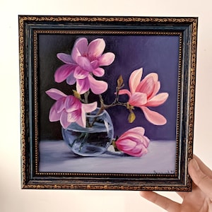 Magnolia Flowers Oil Painting: Realism Still Life, 8x8 Framed Art