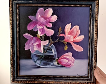 Pintura al óleo de flores de magnolia: bodegón realista, arte enmarcado de 8x8
