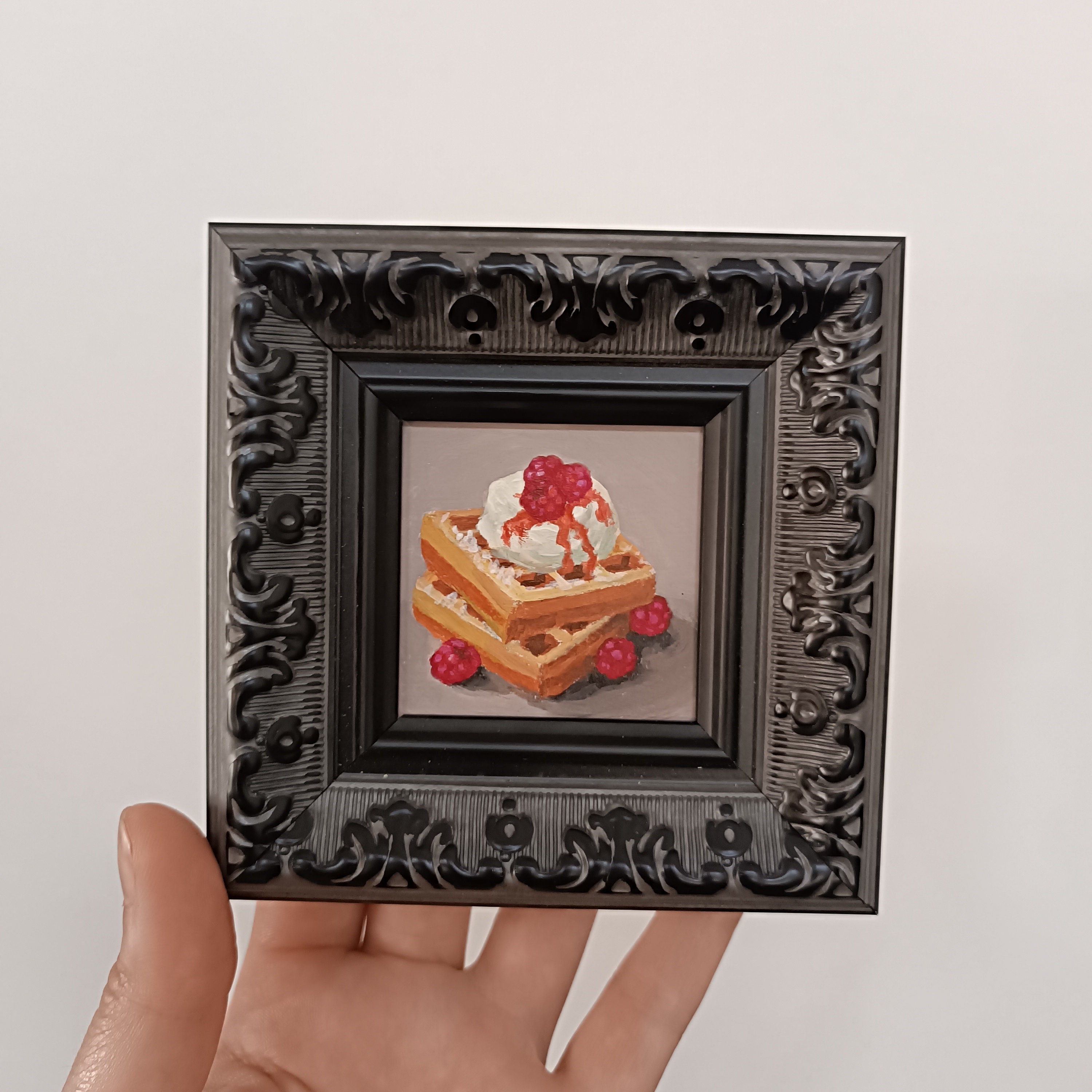 Belgian Waffles Miniature Painting: Framed Dessert Art (2x2 inch)