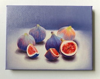 Pintura al óleo de higos: Bodegón de comida en miniatura, decoración de cocina morada (18 x 24 cm)