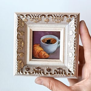 Cup of coffee and croissant original painting 2x2 inch Coffee painting Miniature in frame Dessert gift Sweets painting Framed painting