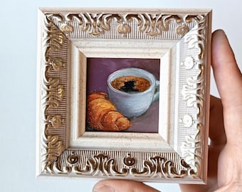 Cup of coffee and croissant original painting 2x2 inch Coffee painting Miniature in frame Dessert gift Sweets painting Framed painting