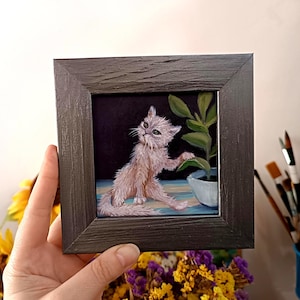 Funny White Cat Oil Painting: Original Framed Miniature Art (4x4 in)