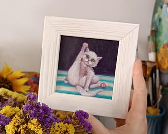 Framed Cat Miniature Oil Painting: 4x4 Funny White Cat Art